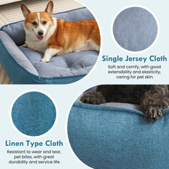 COSYJOY Rectangle Pet Bed with Four-Sided Bolster Cushion For Medium Large Dogs/ Cats, Washable Linen Soft Cuddle Dog Bed Calming Sleeping Dog Bed, Anti-Slip Bottom