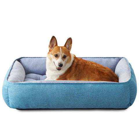 COSYJOY Rectangle Pet Bed with Four-Sided Bolster Cushion For Medium Large Dogs/ Cats, Washable Linen Soft Cuddle Dog Bed Calming Sleeping Dog Bed, Anti-Slip Bottom