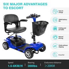 Portable Electric Mobility Scooter 4 Wheel – for Seniors and Adults Comes w/Basket Long Range Battery Pack 10 Miles on a Single Charge – Unique Front & Base LED Lighting Package (Blue)