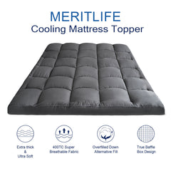 MERITLIFE Queen Extra Thick Mattress Topper, 400TC Cotton Pillow Top Protector with 8-21" Deep Pocket 5D Spiral Fiber Padding for Back Pain, Cooling Plush Mattress Pad Cover, Grey