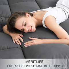 MERITLIFE Queen Extra Thick Mattress Topper, 400TC Cotton Pillow Top Protector with 8-21" Deep Pocket 5D Spiral Fiber Padding for Back Pain, Cooling Plush Mattress Pad Cover, Grey