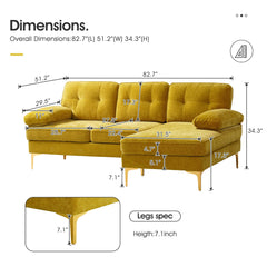 Modern Linen Fabric L-Shaped Couch 4-Seat Sofa Sectional,82.7'' Upholstered Sofa,Convertible Sectional Sofa Couch with Chaise