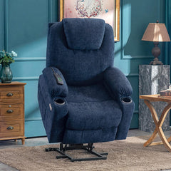 MERITLIFE Electric Power Lift Recliner Chair Sofa with Massage and Heat for Elderly, 3 Positions, 2 Side Pockets and Cup Holders, USB Ports, Fa