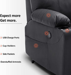 Electric Power Lift Recliner Chair Sofa with Massage and Heat for Elderly, 3 Positions, 2 Side Pockets and Cup Holders, USB Ports, Fa