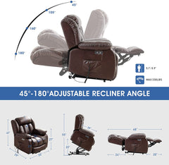 MERITLIFE Real Leather Power Lift Chair Electric Recliner Sofa for Elderly, Two OKIN Motor Electric Living Room Chair with Heated Vibration Massage,Massage Remote Control (Brown)