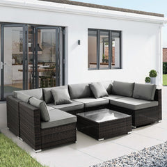 7 Piece Patio Furniture Sets All Weather Outdoor Sectional Sofa Manual Weaving PE Brown Rattan Patio Conversation Set with Cushion and Glass Table(Gray)