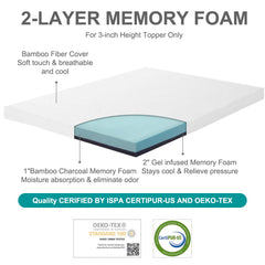 MERITLIFE 3 Inch Memory Foam Mattress Topper Queen Size,High Density Gel-Infused Cooling Foam Mattress Topper,with Removable & Washable Bamboo Fiber Cover