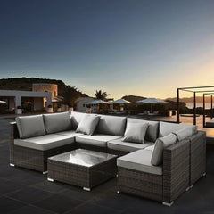 7 Piece Patio Furniture Sets All Weather Outdoor Sectional Sofa Manual Weaving PE Brown Rattan Patio Conversation Set with Cushion and Glass Table(Gray)