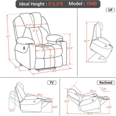 Electric Power Lift Recliner Chair Sofa with Massage and Heat for Elderly, 3 Positions, 2 Side Pockets and Cup Holders, USB Ports, Fa