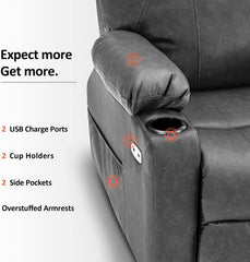 Electric Power Lift Recliner Chair Sofa with Massage and Heat for Elderly, 3 Positions, 2 Side Pockets and Cup Holders, USB Ports, Fa