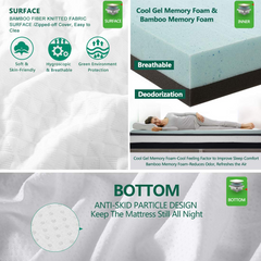 MERITLIFE 3 Inch Memory Foam Mattress Topper Queen Size,High Density Gel-Infused Cooling Foam Mattress Topper,with Removable & Washable Bamboo Fiber Cover
