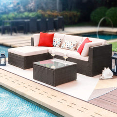 MERITLIFE 5 Pieces Patio Furniture Sets All Weather Outdoor Sectional Sofa Manual Weaving Wicker Rattan Patio Conversation Set with Cushion and