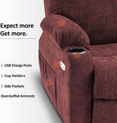 MERITLIFE Electric Power Lift Recliner Chair Sofa with Massage and Heat for Elderly, 3 Positions, 2 Side Pockets and Cup Holders, USB Ports, Fa