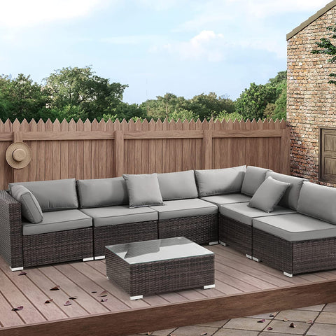 EASELAND Outdoor Patio Sectional Sofa (7 Pieces), All Weather Wear Resistant PE Wicker Patio Sectional Set, Waterproof Cushions, Glass Table