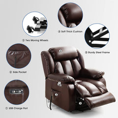 MERITLIFE Real Leather Power Lift Chair Electric Recliner Sofa for Elderly, Two OKIN Motor Electric Living Room Chair with Heated Vibration Massage,Massage Remote Control (Brown)