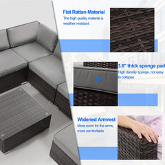 7 Piece Patio Furniture Sets All Weather Outdoor Sectional Sofa Manual Weaving PE Brown Rattan Patio Conversation Set with Cushion and Glass Table(Gray)