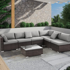 EASELAND Outdoor Patio Sectional Sofa (7 Pieces), All Weather Wear Resistant PE Wicker Patio Sectional Set, Waterproof Cushions, Glass Table