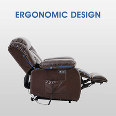 MERITLIFE Real Leather Power Lift Chair Electric Recliner Sofa for Elderly, Two OKIN Motor Electric Living Room Chair with Heated Vibration Massage,Massage Remote Control (Brown)