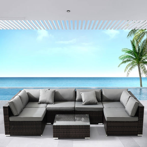 7 Piece Patio Furniture Sets All Weather Outdoor Sectional Sofa Manual Weaving PE Brown Rattan Patio Conversation Set with Cushion and Glass Table(Gray)