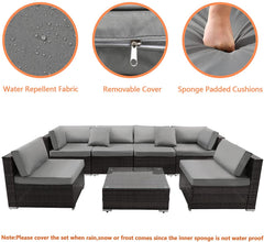 7 Piece Patio Furniture Sets All Weather Outdoor Sectional Sofa Manual Weaving PE Brown Rattan Patio Conversation Set with Cushion and Glass Table(Gray)