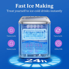 Ice Maker Countertop Machine, 9 Bullet Ice Cubes Ready in 6 Mins, 22lbs Ice Cubes in 24H, Self-Cleaning, LCD Display, 2.1L Electric Stainles