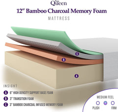 NapQueen Ventilated Bamboo Charcoal Memory Foam Mattress in a Box - CertiPUR-Certified Foams – Energy Stabilizer Medium Feel Mattress (Queen