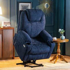 MERITLIFE Electric Power Lift Recliner Chair Sofa with Massage and Heat for Elderly, 3 Positions, 2 Side Pockets and Cup Holders, USB Ports, Fa