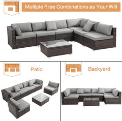 EASELAND Outdoor Patio Sectional Sofa (7 Pieces), All Weather Wear Resistant PE Wicker Patio Sectional Set, Waterproof Cushions, Glass Table