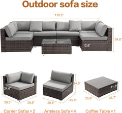 EASELAND Outdoor Patio Sectional Sofa (7 Pieces), All Weather Wear Resistant PE Wicker Patio Sectional Set, Waterproof Cushions, Glass Table