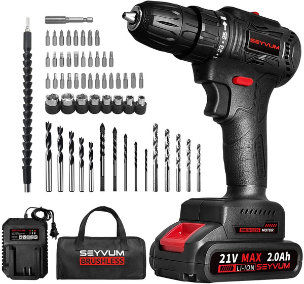 P10 21V Cordless Drill Set, [Powerful Brushless Motor] [Compact], Power Drill Driver, Electric Drill with 2.0Ah Li-ion Battery, Fast