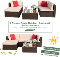 MERITLIFE 5 Pieces Patio Furniture Sets All Weather Outdoor Sectional Sofa Manual Weaving Wicker Rattan Patio Conversation Set with Cushion and