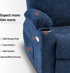 MERITLIFE Electric Power Lift Recliner Chair Sofa with Massage and Heat for Elderly, 3 Positions, 2 Side Pockets and Cup Holders, USB Ports, Fa