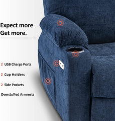 MERITLIFE Electric Power Lift Recliner Chair Sofa with Massage and Heat for Elderly, 3 Positions, 2 Side Pockets and Cup Holders, USB Ports, Fa