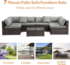 EASELAND Outdoor Patio Sectional Sofa (7 Pieces), All Weather Wear Resistant PE Wicker Patio Sectional Set, Waterproof Cushions, Glass Table